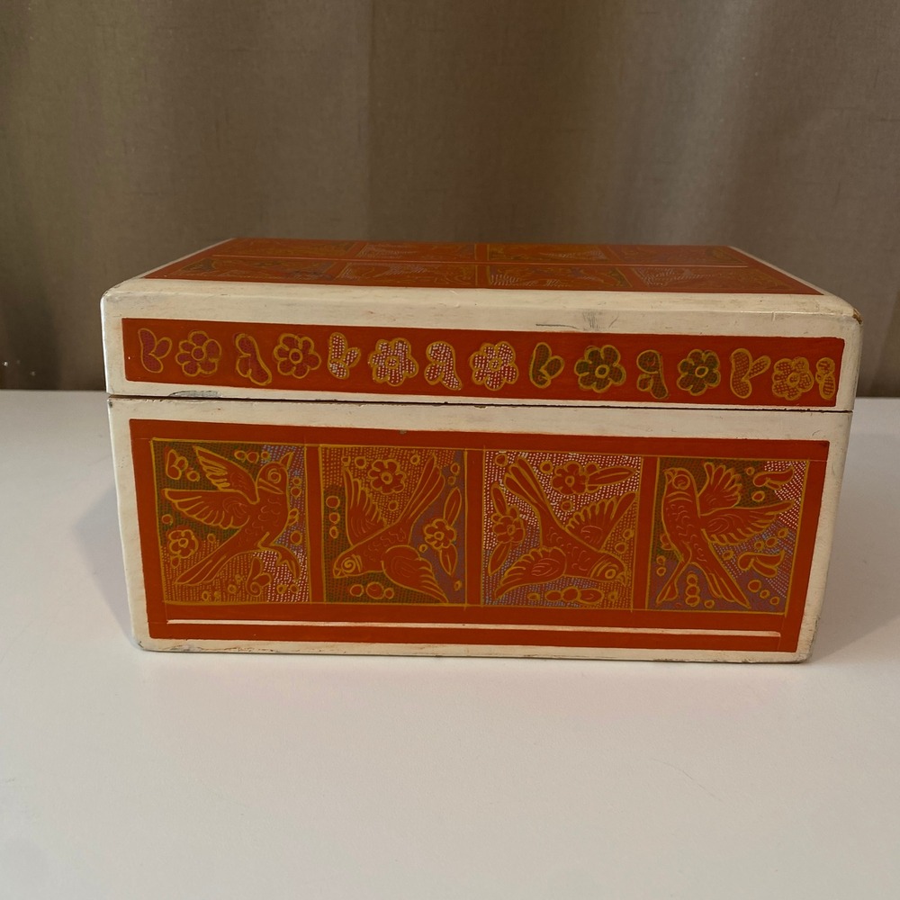 Hand Painted Wooden Box Birds Animals‎ Folk Art Decorative Storage